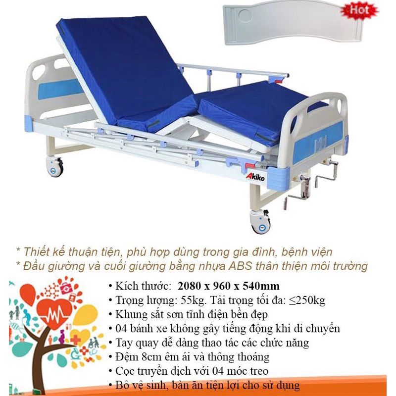 Giường bệnh nhân 2 tay quay có bô chính hãnh, bảo hành 1 năm